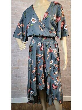 KorMei Gray Floral Long Maxi Dress Hi Low V-Neck Short Sleeve Flowy Party XL NWT